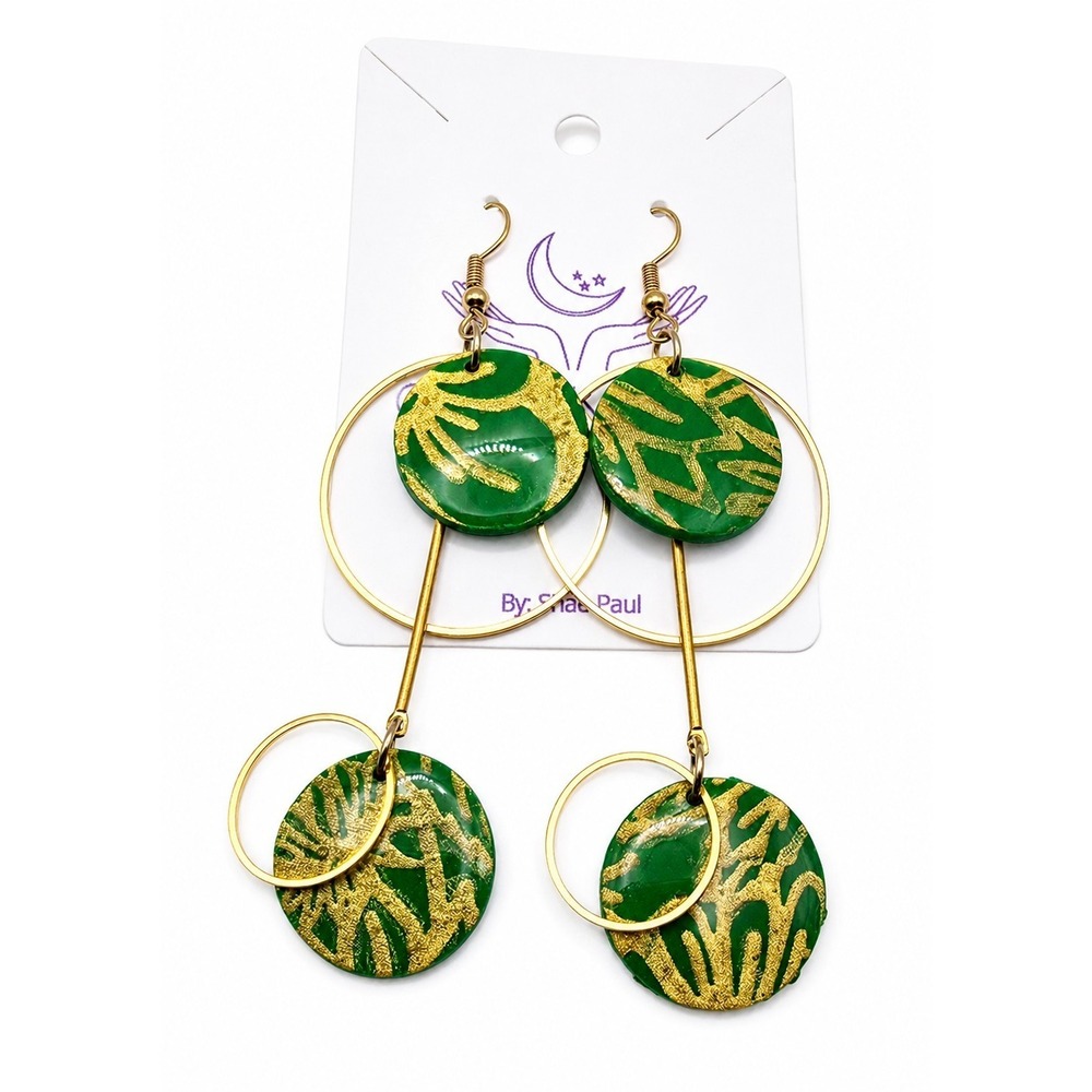Good Karma Kreations Green Gold Polymer Clay Dangle Hoop Earrings Boho -3416